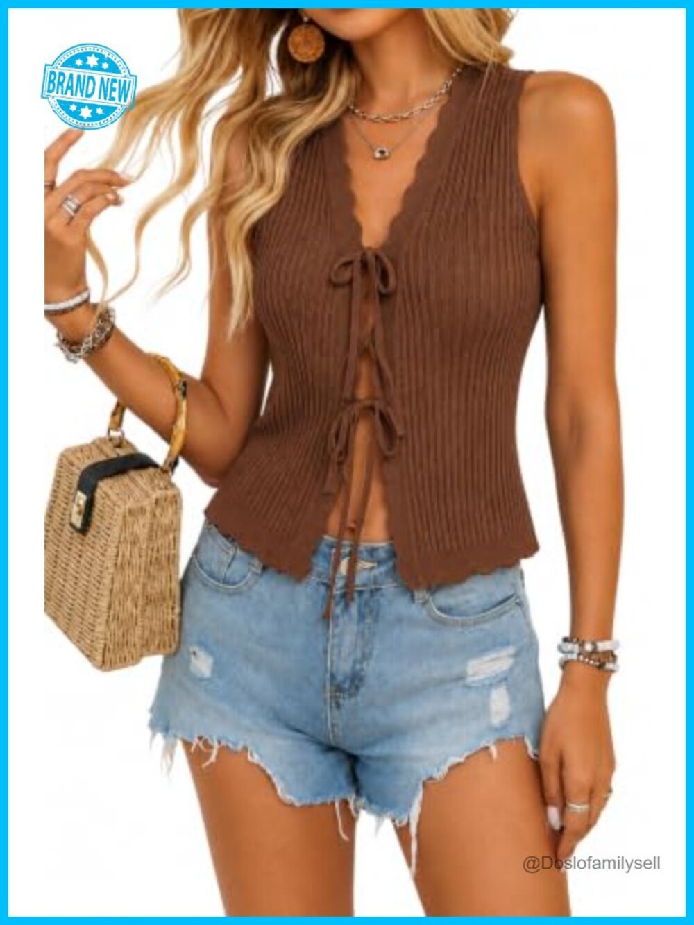 Womens Sweater Vest Tie Front Scalloped Sleeveless Knit Top